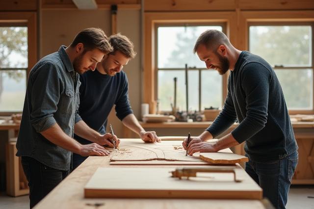 Team at Eldfell Design's workshop, crafting bespoke kitchen furniture, with founders in traditional Swedish craft attire.