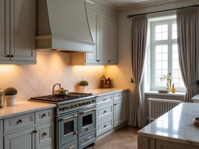 Klassiskt kök med profilerade luckor och marmorbänkskiva i Herrgård Ekbacken, Uppsala.