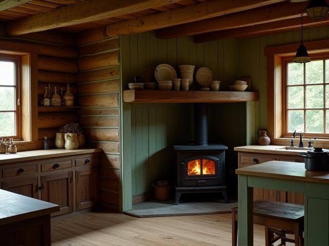 Lantligt kök med synliga bjälkar och vedspis i Stuga Fjällnära, Åre.